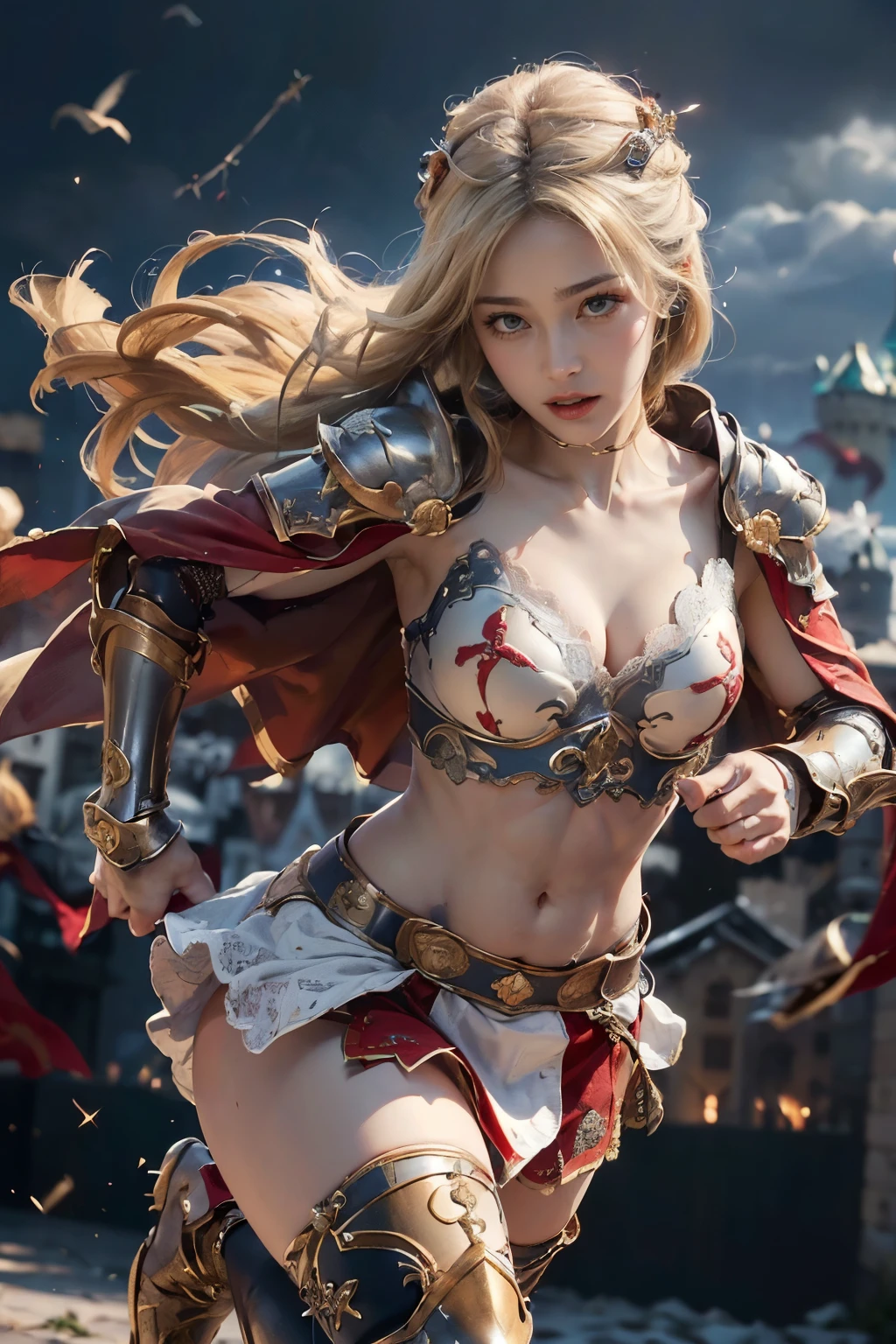 (((masterpiece, best quality))),(((high quality))),(((high resolution illustration))),(((hyper detail))),(((NSFW))),(((Wordsworth's Sharon))),(((Very beautiful long blonde hair))),(((Very beautiful face))), ((((Detailed face)))),(((very beautiful blue eyes))),(((Realistic Skin))),(((her face is flushed))),(((slim body))),(((slim thighs))),(((small breasts))),(((very beautiful slender legs))),(((gold and ocean blue and red and black and white armor with extremely detailed and intricate decoration:1.5))),(((Blue and red and white skirt with extremely detailed and intricate decoration:1.5))),(((boots with extremely detailed and intricate decoration))),(((cloak with very detailed and intricate decoration,))),(((beautiful earrings))),(((beautiful hair ornaments))),(((in the old dark deep forest:1.2))),(((late at night:1.4))),(((wet her skin))),((Sharon is crying with tears streaming down her face:1.2))),(((Sharon is running away from many monsters:1.2))),(((Her right hand is holding a sword:1.2))),(((Sharon is being chased by many monsters:1.5))),(((torn clothes:1.5)))