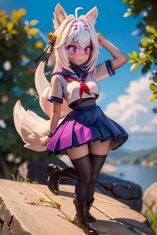 Filian, white hair, purple eyes, blue seifuku, short sleeves, black stockings, boots, large breasts, hair bell, hairband, ahoge, animal ears, tail