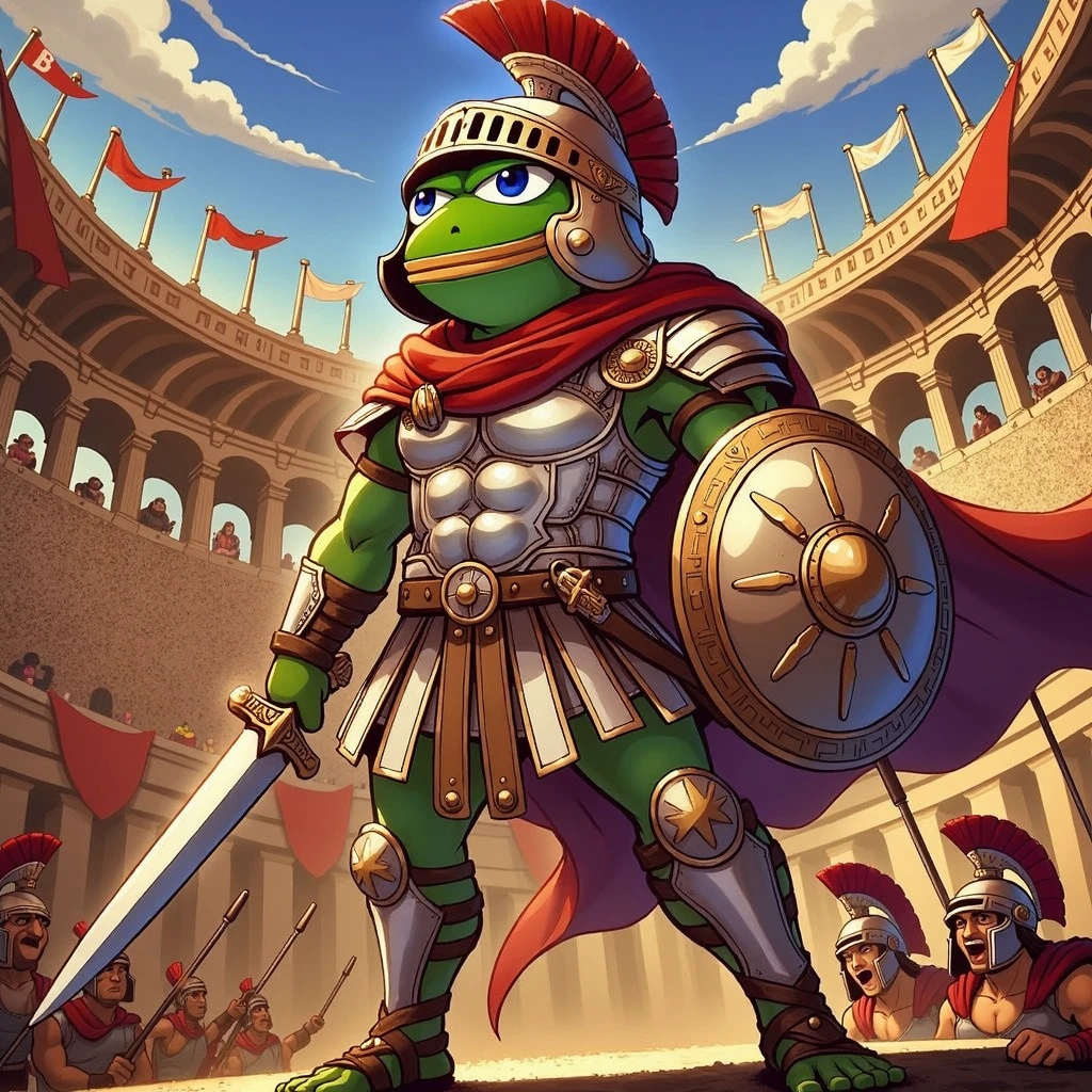 Create an anime-style image of Pepito Maximus, the brave frog gladiator. Imagine him standing proudly in an ancient Roman Colosseum, wearing traditional gladiator armor. He should have a determined and heroic expression on his face, with a sword in one hand and a shield in the other. The background should depict an epic battle scene with an audience cheering him on. Capture the essence of a humble yet mighty warrior ready to fight for the meme community that is good and righteous.