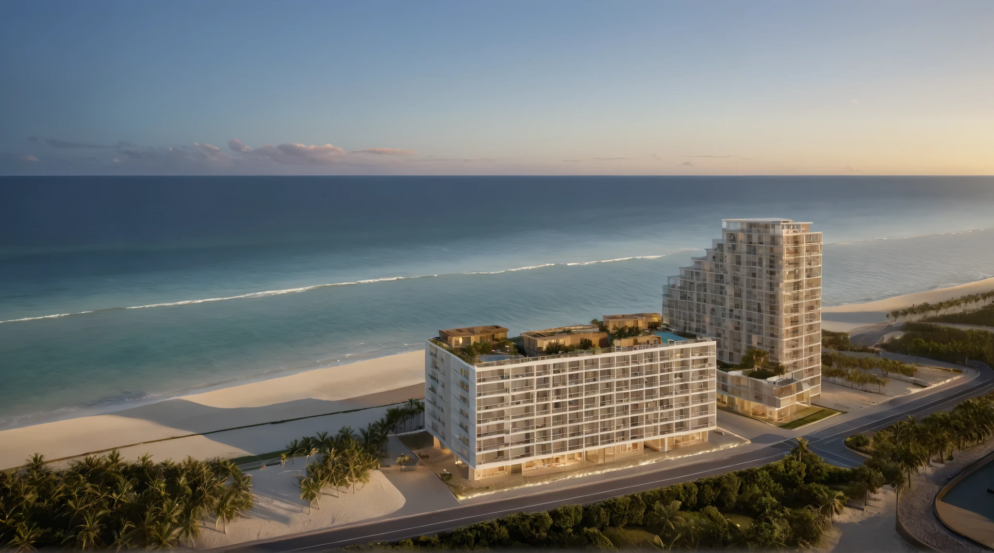 modern luxury hotel, white structure frame, coconut trees, in the beach city,clear sky, sunset time, warm lighting RAW Photo, RAW texture, Super Realistic, 32K UHD, DSLR, soft lighting, high quality, film rating, Fujifilm XT3, ((beachfront)), aerial view,Generate an ultra-high-resolution (32k) hyperrealistic image of a coastal city, where the camera is positioned behind several tall buildings, capturing the view of a modern apartment building in the center and the expansive beach and ocean horizon beyond. The apartment building features a sleek, glass facade with large windows, and its balcony overlooks the serene beach. The perspective shows the clear blue sky meeting the ocean in the distance, with gentle waves rolling onto the shore. The foreground is filled with other detailed buildings, but the focus remains on the apartment and the breathtaking view of the beach and horizon. The textures should be vivid, from the reflective glass to the fine details of the sand and sea.