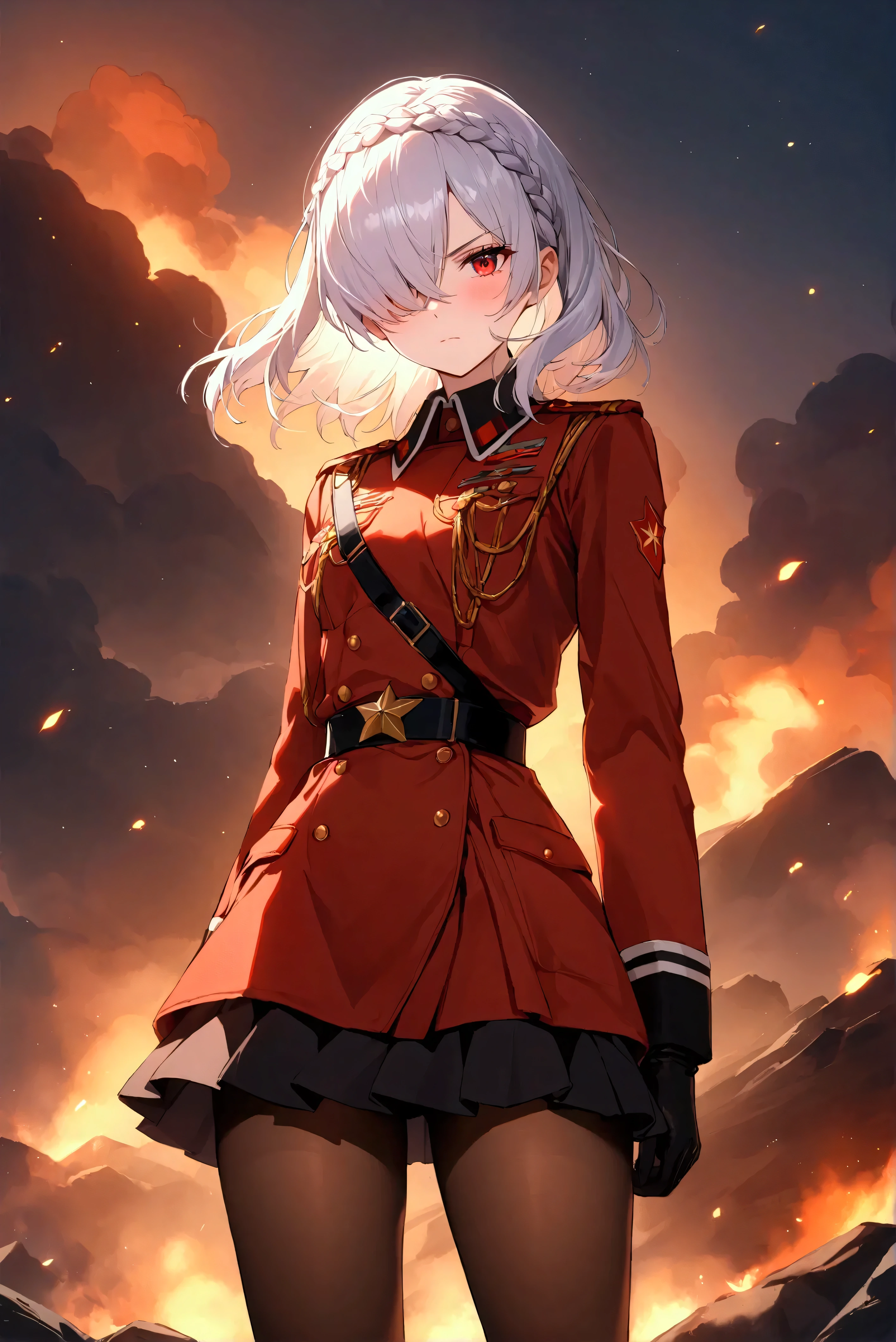 (masterpiece, Highest quality:1.2), (masterpiece, Highest quality:1.2), (1girl), alone, ((medium hair)), ((silver hair)), (straight hair), ((hair over face)), (hair over one eye), (hair over right eye), (), (red eyes), (((small breast))), (military uniform) ,high detail, bloom, textured skin, natural light, beautiful effects, ((detailed face)), black flowers, (beautiful fantastic effects), (crown braid), (ashes), (cinder), front view, serious, Soviet military uniform, skirt, pantyhose, Сердитый, Яркие зрачки, Строгость, Злая улыбка, полный рост, Ножки, на фоне горит здание, пламя, Видно ноги