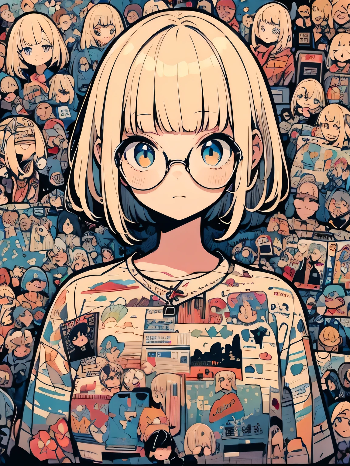 Alone, adorable, Highly Detailed Eyes , detailed face , very fine hair,upperbody,blond short pixiecut,(blunt bangs ), dress,glasses,(comic core:1.3),