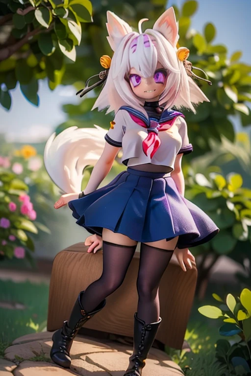 Filian, white hair, purple eyes, blue seifuku, short sleeves, black stockings, boots, large breasts, hair bell, hairband, ahoge, animal ears, tail