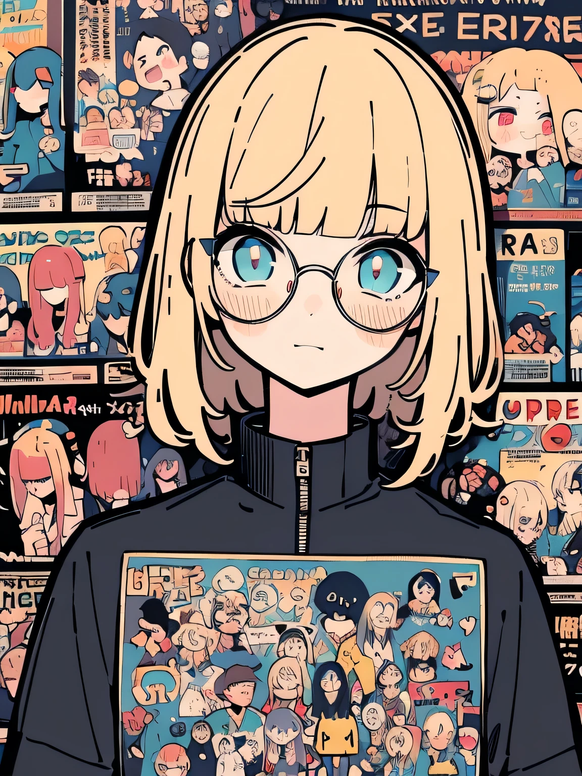 Alone, adorable, Highly Detailed Eyes , detailed face , very fine hair,upperbody,blond short pixiecut,(blunt bangs ), dress,glasses,(comic core:1.3),