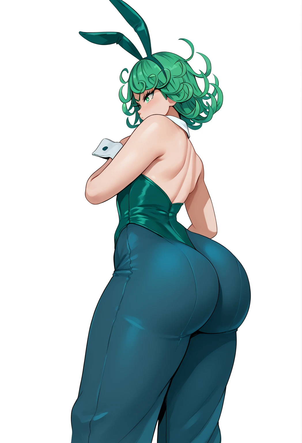 Above a girl , Alone , Tatsumaki ( of the anime "one punsh man"),  blue pants ,  big ass ( not so exaggerated), Tits ,small hip, playboy bunny,  false animal ears, hand on the ass , backwards ,, Standing firm,  without looking at the spectator,  white background,