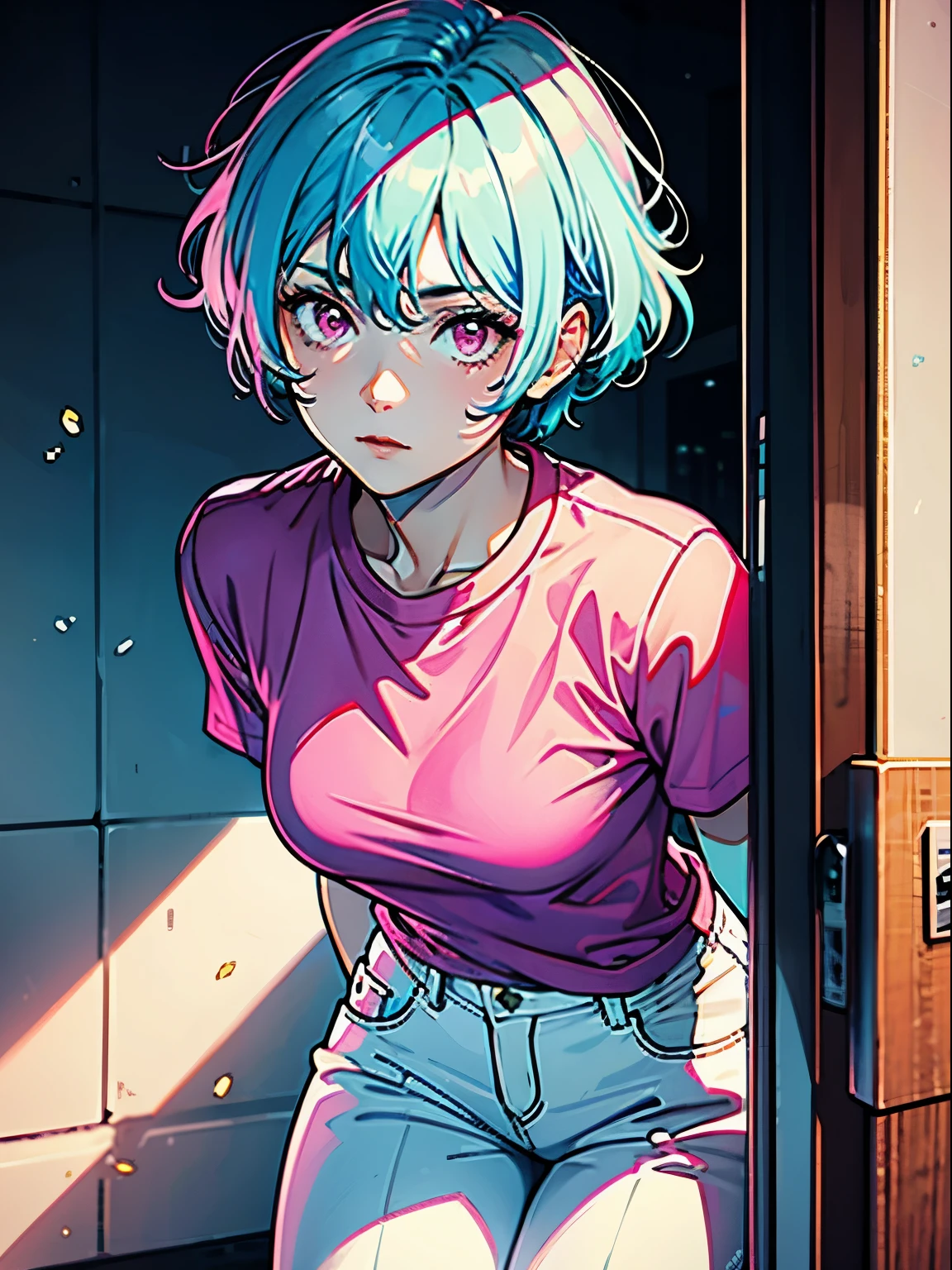 1 girl, Big Tits 1.3, Colorful clothes, Pink Hair, Short Bob, Side ribbon, Navel exposed, Short T-shirt, clear, curt, Light purple eyes, ((Heart Eyes)), It will happen, Pale background,, Colorful Hair, Messy Hair, tonality, Romanticism, modern art, Impressionism, reflected light, 8k, masterpiece, Advanced Details, highest quality, Only 5 fingers, Accurate anatomy
