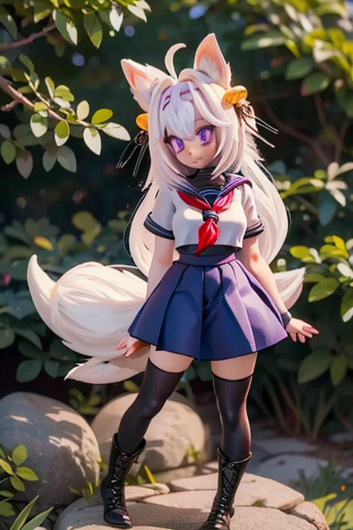 Filian, white hair, purple eyes, blue seifuku, short sleeves, black stockings, boots, large breasts, hair bell, hairband, ahoge, animal ears, tail