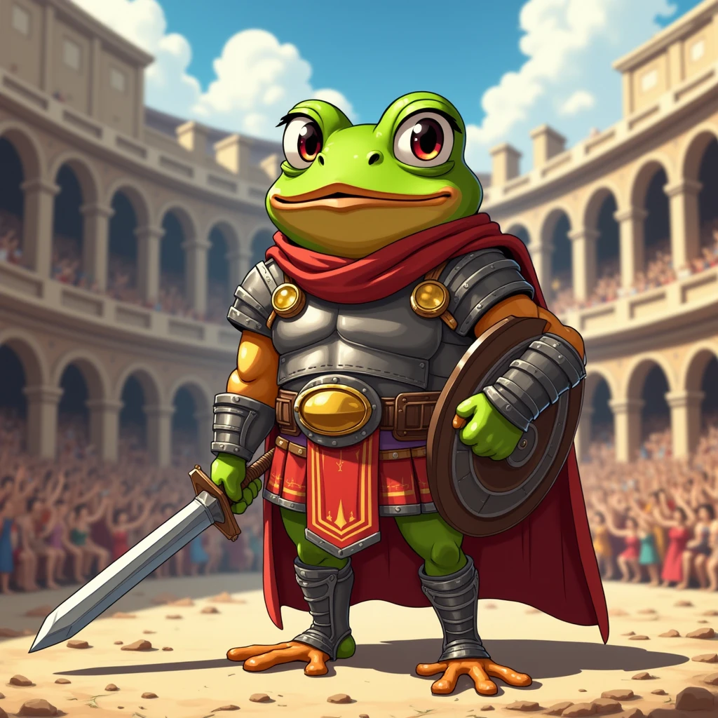 Create an anime-style image of Pepito Maximus, the brave frog gladiator. Imagine him standing proudly in an ancient Roman Colosseum, wearing traditional gladiator armor. He should have a determined and heroic expression on his face, with a sword in one hand and a shield in the other. The background should depict an epic battle scene with an audience cheering him on. Capture the essence of a humble yet mighty warrior ready to fight for the meme community that is good and righteous.