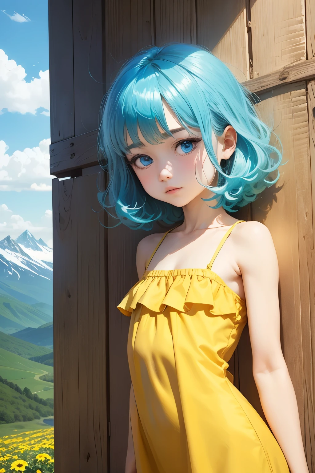 Femboy, otoko no ko, (blue aqua hair), medium hair, flat chest, sexy body, cute face, Shy face, blue eyes, frilled dress, short dress, yellow dress, mountain flower background frame