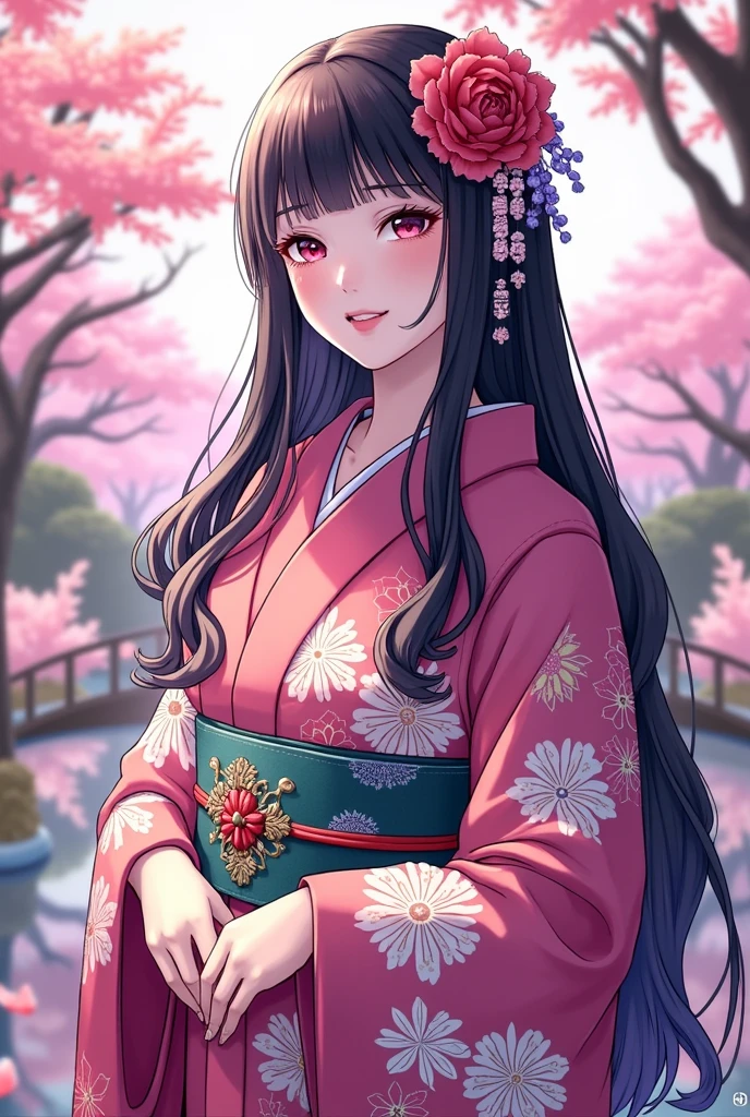 (Masterpiece、 best quality 、8k、 High Resolution )、 Traditional Japanese beauty in kimonos 、 best girl 、Floral pattern on a white background、 bright color、  Japanese Garden、 there is a pond 、 Colorful Flowers 、 bright color、cherry blossoms、There is a drum bridge、A complete portrayal、 detailed illustration art 、