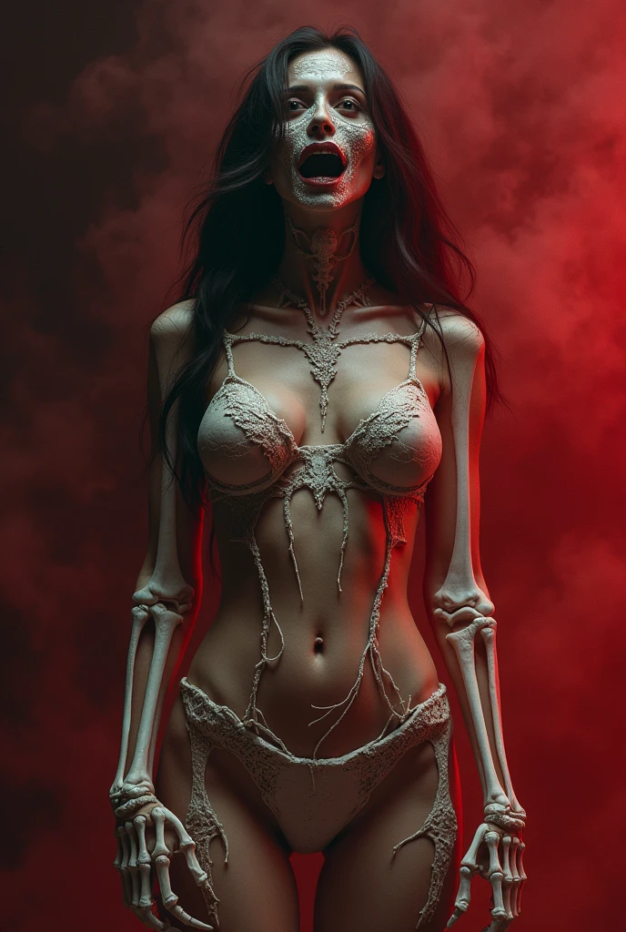 (Aschenhardt Style:1.4), bra, lingerie, big , Masterpiece, Best Quality, High Quality,(Dark shapeless girl with dark red glow and red eyes and surrounded by darkness:1.2), (in profile), (Darkness:1.2), Abstraction, Deep Sea, Award-winning photography, Depth of field, HDR, Very detailed, Trending in art stations, Trending in CGsociety, Complex, High detail,(Masterpiece:1.2, Best Quality), (Best Lighting, Very Delicate and Beautiful), (Best Lighting, Very Delicate and Beautiful), (Beautiful Detailed Face), (Detailed Eyes and Detailed Face:1.2), Dark Fantasy, (Young Girl, Little Beast, 1girl, Solo, Crazy Smile, Pale Skin,19 Piercings,((tattoos all over body,Tribal tattoos all over legs)) gray hair, glowing red eyes, dynamic angle, vampire), (get chains, magic circles, graffiti on the wall, in the background)),get demons to be summoned), magic thunder, pointy_ears, fangs,demon wings,demon horns,blood on face,blood rain,blood mist,(depth of field),high contrast,(blood splash:1.4),cowboy shot,full body, black lace up thigh boots,shout, Sacrifice, Magnificent Stage