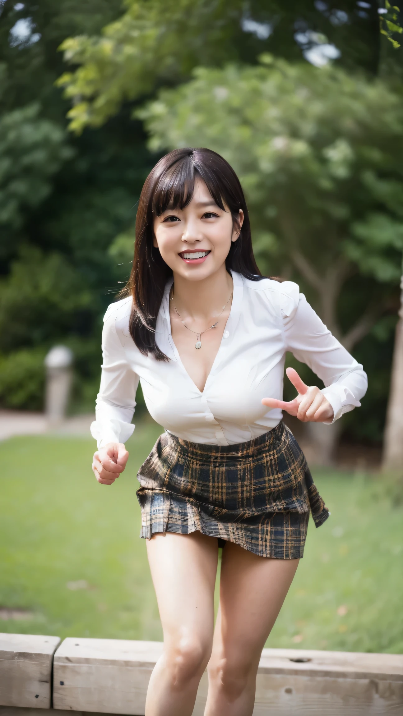 (((8k、     high definition     、    top quality  、     high definition     )))、  one girl outside running 、  natural body shape、   white skin、   Natural Cosmetics 、   black hair、bangs、   long hair、   Ruffle Blouse、   high heels、 Yellow Plaid Pleated Mini Skirt、Big Breasts 、(  Bear Necklace Thigh  )、bench、  outdoor、   focus on crotch   、double V  、smile