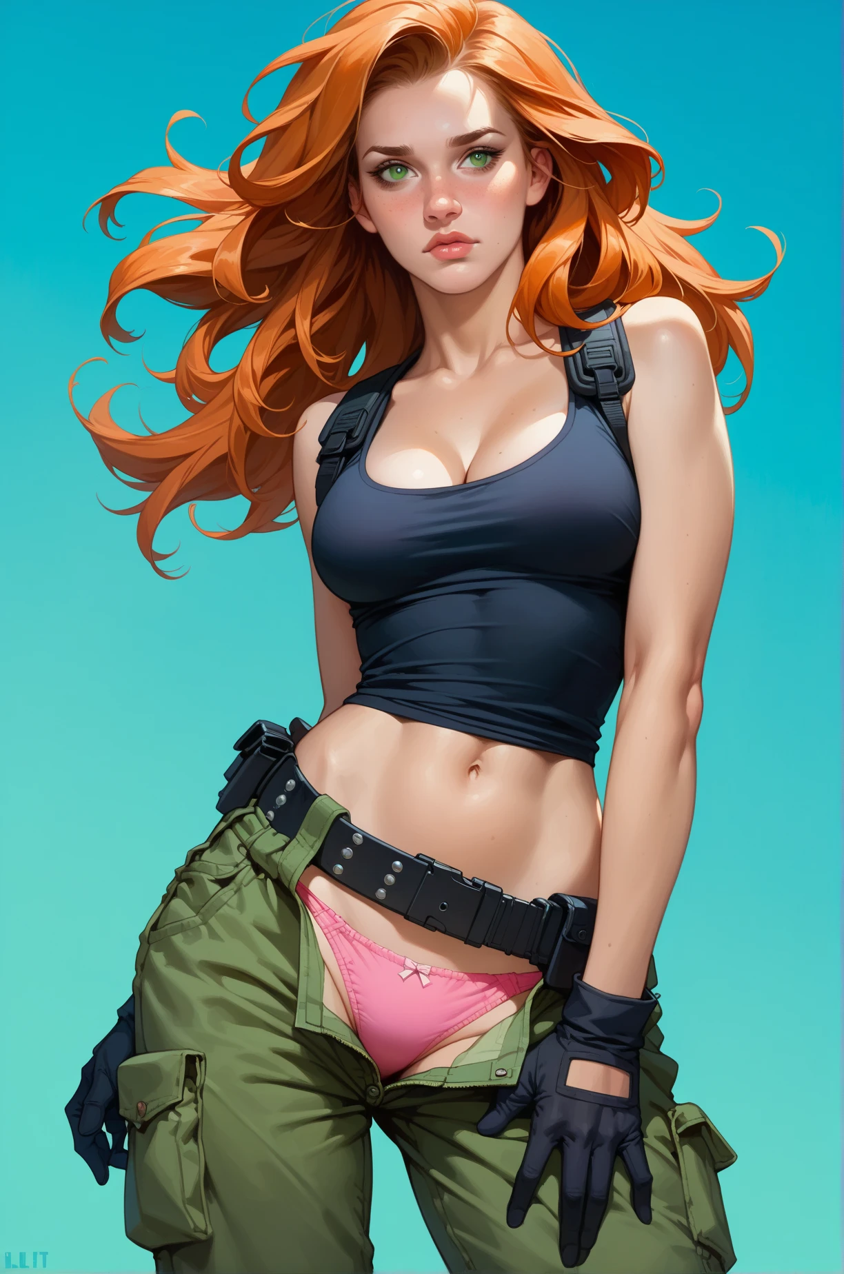 Red haired Curvy Latina with green eyes in blue shirt and white cotton high cut panties, lifting shirt, comic book art style, intricate details