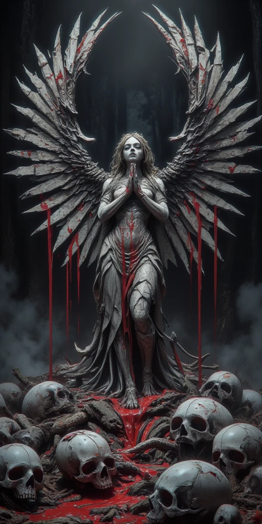 stone statue of a beautiful goddess praying with her hands folded and her beautiful large wings outstretched, with a lot of red liquid flowing from her eyes, horror mood.deep dark forest with no lights at all, black mist, surrounded by tattered skulls