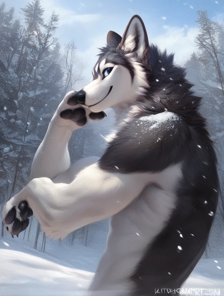 score_9, score_8_up, score_7_up, source_furry, rating_safe, by kenket, anthro, solo, male, husky, blue eyes,, legs, feet, toes,  pawpads, shiny pawpads, strong, outside, snow, body builder, upper body only, looking at viewer, coy, fur, masculine, flexing arms, biceps, side view, eyeing viewer from side
