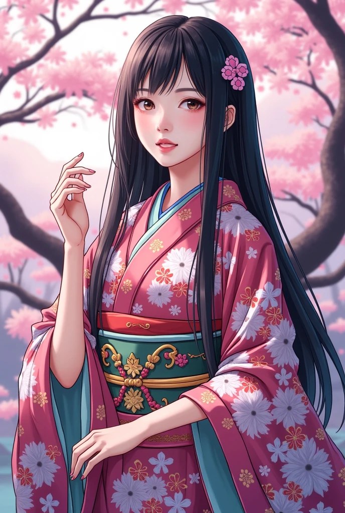 (Masterpiece、 best quality 、8k、 High Resolution )、 Traditional Japanese beauty in kimonos 、 best girl 、Floral pattern on a white background、 Japanese Garden、 there is a pond 、 Colorful Flowers 、A complete portrayal、 detailed illustration art 、