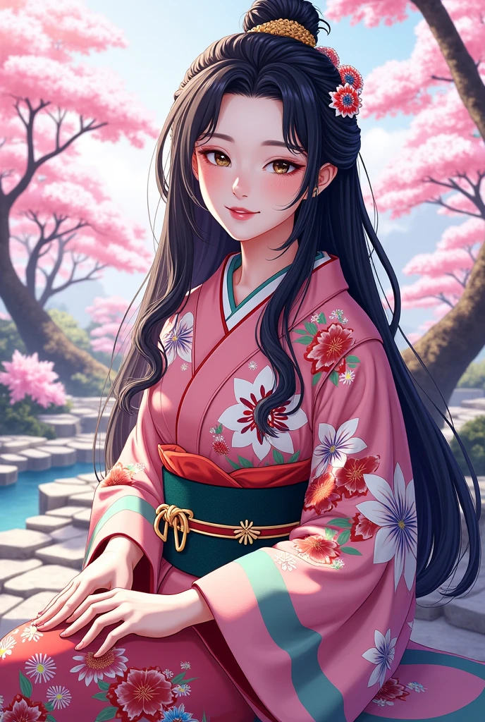 (Masterpiece、 best quality 、8k、 High Resolution )、 Traditional Japanese beauty in kimonos 、 best girl 、Floral pattern on a white background、 Japanese Garden、 there is a pond 、 Colorful Flowers 、A complete portrayal、 detailed illustration art 、