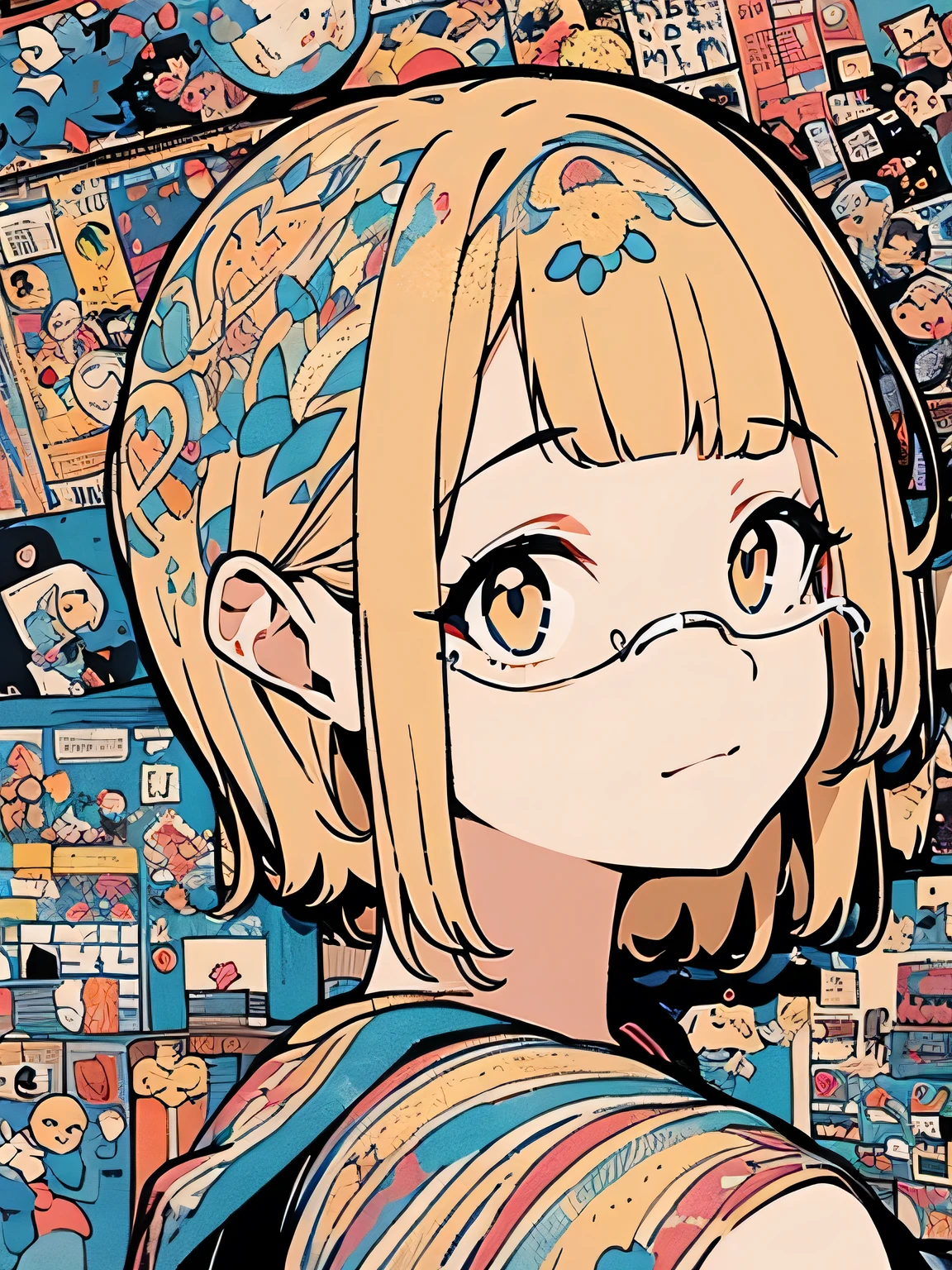 sideview,Alone, adorable, Highly Detailed Eyes , detailed face , very fine hair,upperbody,blond short pixiecut,(blunt bangs ), dress,glasses,(comic core:1.3),