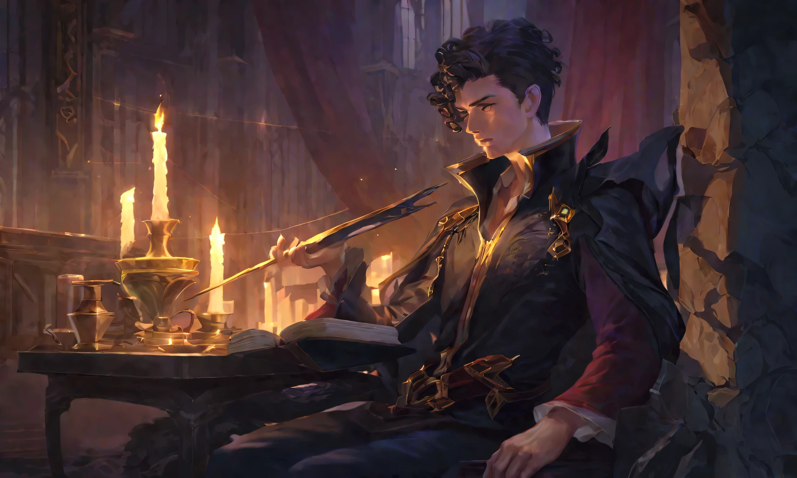 (best illustrations:1.2), (masterpiece:1.2), (super detailed), 8k, 16k, wallpaper, (Dungeonpunk:2.0), Young man, tanned skin, dark-haired, serious calm focused expression, black curly undercut hair, black eyes, black and crimson robe with gold accents, sitting reading a book, obsidian daggers resting, royal room, candles, natural light, sunlight, light and shadow effects, luminous effect
