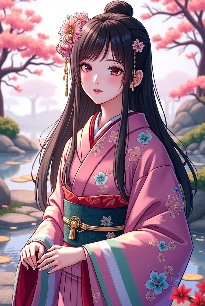 (Masterpiece、 best quality 、8k、 High Resolution )、 Traditional Japanese beauty in kimonos 、 best girl 、Floral pattern on a white background、 Japanese Garden、 there is a pond 、 Colorful Flowers 、A complete portrayal、 detailed illustration art 、