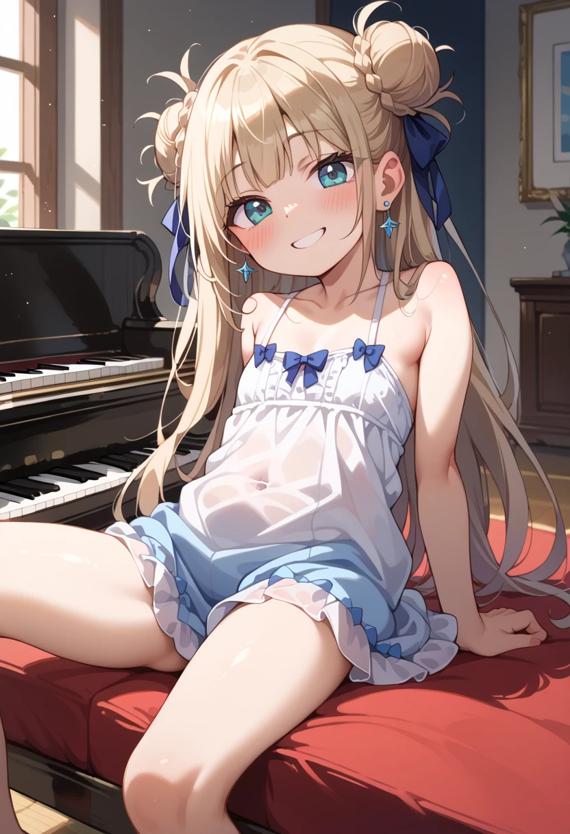 (( best quality )), ((masterpiece)), (be familiar with),  perfect face, indoor, bedroom,  Watching Viewers ,
One woman, I was,
開いた口,  ecstatic expression beside the piano, blush, smile,
 small tits,  flat chest, Young girl, Lori,  s,  girl,
 long hair,  twin bun hair ,
Leg spread,