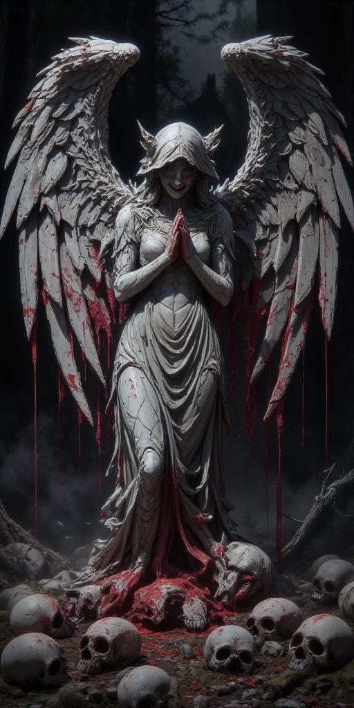 stone statue of a beautiful goddess praying with her hands folded and her beautiful large wings outstretched, with a lot of red liquid flowing from her eyes, horror mood.deep dark forest with no lights at all, black mist, surrounded by tattered skulls