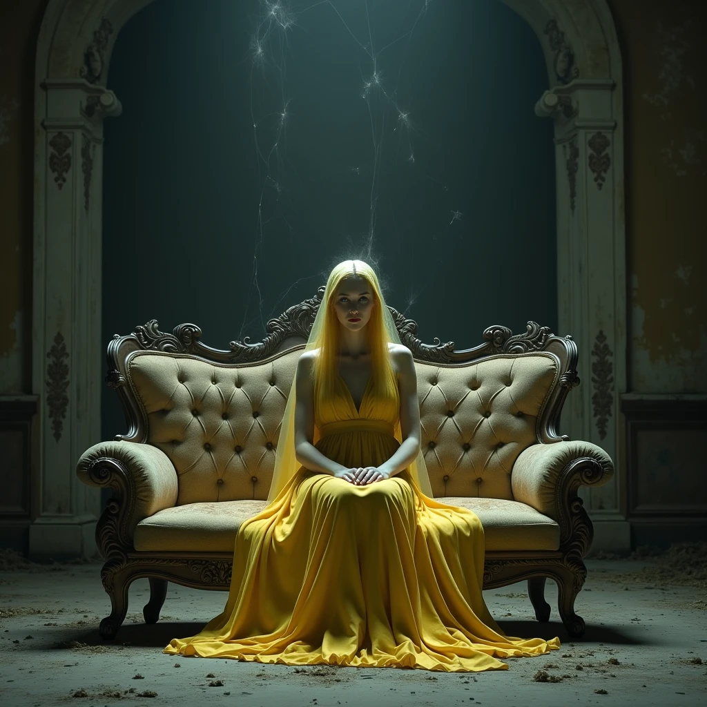 Elegant GHOST FANTASMA in yellow sitting on an antique, old and dusty sofa with cobwebs in the middle of an abandoned hall, all realistic, elegant, dark and scary, dark background, art, 