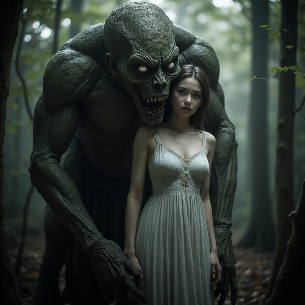  Cursed statue in the deep forest 、Dark grey stone statue designed with several young women wearing clothes hugging each other、 beautiful face and eyes in every detail 、emotional smile 、 Dark Fantasy 、Structure of the film、 best quality 、4K、8k、 High Resolution 、masterpiece、Ultra-detailed、 real 、 photorealistic、 Photo - Realistic 、 concept art