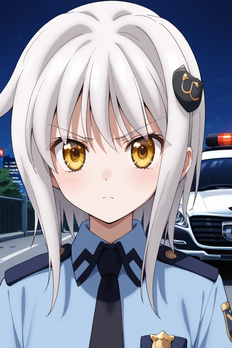 masterpiece,best quality,{{detailed beautiful face and eyes}}, very detailed background,
Koneko Toujou,short hair,white hair,hair ornament,yellow eyes,flat chest,
blue police officer,dark blue miniskirt,
1girl,ars old,(is angry:1.0),
 ((standing next to a police car,have a black baton,cowboy shot,looking at viewer:1.2)), 
(city,night:1.0),clothed