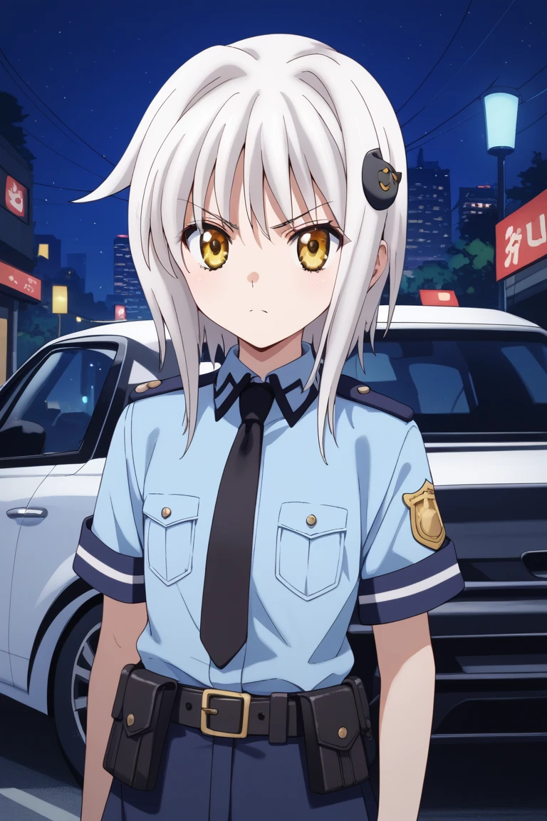 masterpiece,best quality,{{detailed beautiful face and eyes}}, very detailed background,
Koneko Toujou,short hair,white hair,hair ornament,yellow eyes,flat chest,
blue police officer,dark blue miniskirt,
1girl,16years old,(is angry:1.0),
 ((standing next to a police car,have a black baton,cowboy shot,looking at viewer:1.2)), 
(city,night:1.0),clothed