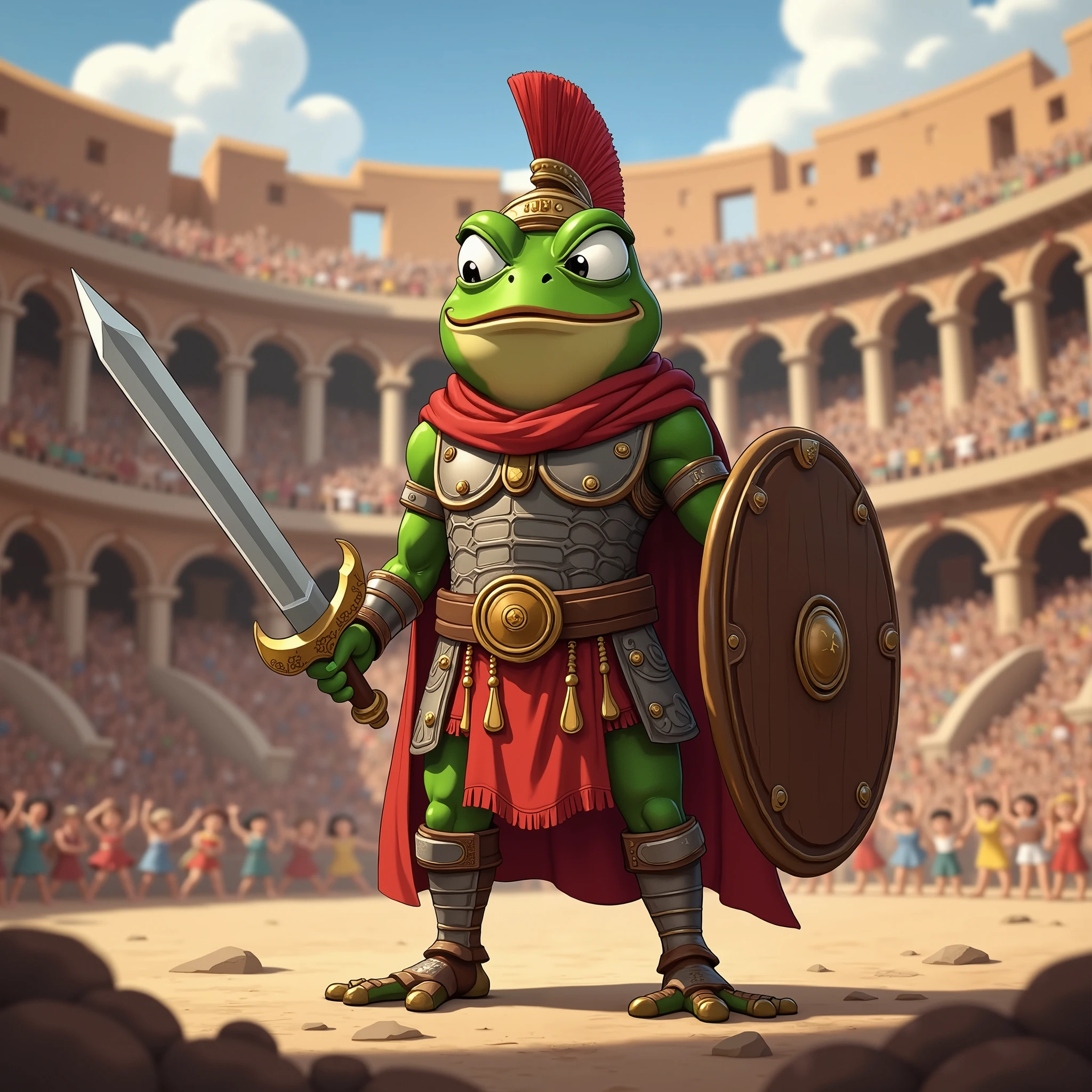 Create an anime-style image of Pepito Maximus, the brave frog gladiator. Imagine him standing proudly in an ancient Roman Colosseum, wearing traditional gladiator armor. He should have a determined and heroic expression on his face, with a sword in one hand and a shield in the other. The background should depict an epic battle scene with an audience cheering him on. Capture the essence of a humble yet mighty warrior ready to fight for the meme community that is good and righteous. Solo, Accurate, Award Winning, Super Detailed, UHD, Best Quality, Depth Of Field, 