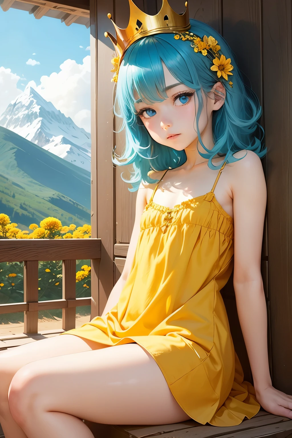 Femboy, otoko no ko, (blue aqua hair), medium hair, flat chest, sexy body, cute face, Shy face, blue eyes, frilled dress, short dress, yellow dress, golden crown queen, mountain flower background frame