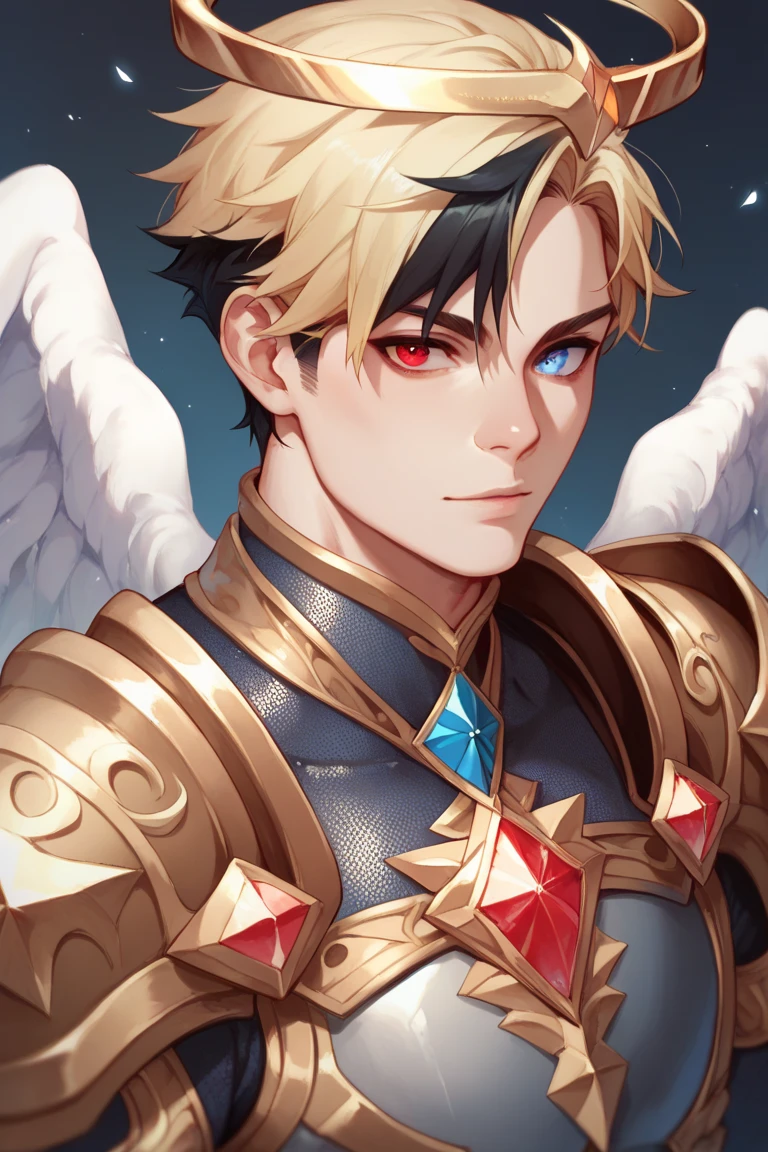 19 year old boy with pale white skin, black hair with blonde highlights, red right eyes, blue left eye, wearing gold armor with diamonds, angel wings