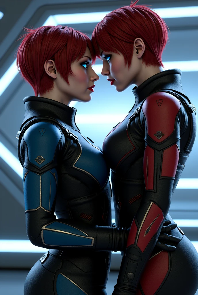 RAw photo, 2girls, wearing sci-fi battle-armor, smooching, green eyes, blonde, redhead, brunette, <lora:PA7_Beautify2:0.1> PA7_Photo -FL