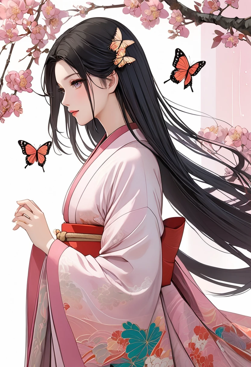 Twelve-layered  kimono，(Masterpiece,  best quality ,  best quality ，aesthetics:1.2)，From the side，Ezvian Everywhere，1300 years ago，Japan_ Heian period，Noble，１ beautiful princess ， Beautiful skin，( straight hair 　length, Beautiful dark-haired　Wealthy)，Beautiful round eyes ，( kimono　Gentle pink color　The beauty of layered colors)，Silk luster， layered color ， wide sleeve，Hakama Hems Long ， dreamy， elegant ， best quality ， Stunning Graphics ,  very detailed， butterfly ，Fresh，  minimal background ， Transparent Robe Images ， CG in detail、