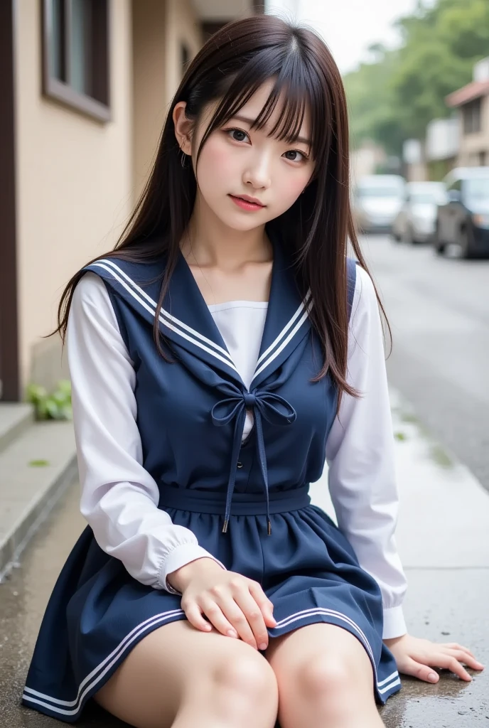  wearing a navy blue skirt and a traditional long-sleeved sailor suit with white accents、Fair-skinned Japanese  ******  professional photo of a girl .  she is sitting on a wet pavement ,  with her legs slightly open ,  Wearing .  composition emphasizes the slight reflection of her white pants in a small puddle .  The image emphasizes her idol-like beauty and 、Clearly ,  smooth skin and delicate facial features .  Soft, Natural Lighting ,  gentle shadows that enhance the texture of the uniform and the reflective surface of the puddle The .  the background is blurred to draw attention to the subject ,  composition creates a quiet yet playful atmosphere, and the .  Photographed with a 50mm lens f  /2. 8 ,  photorealistic aesthetics .