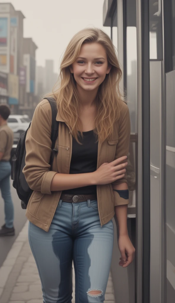 Jolie blonde de ** ans, attend le bus debout. Elle a récemment pissé dans son pantalon. Elle regarde le spectateur avec le sourire.