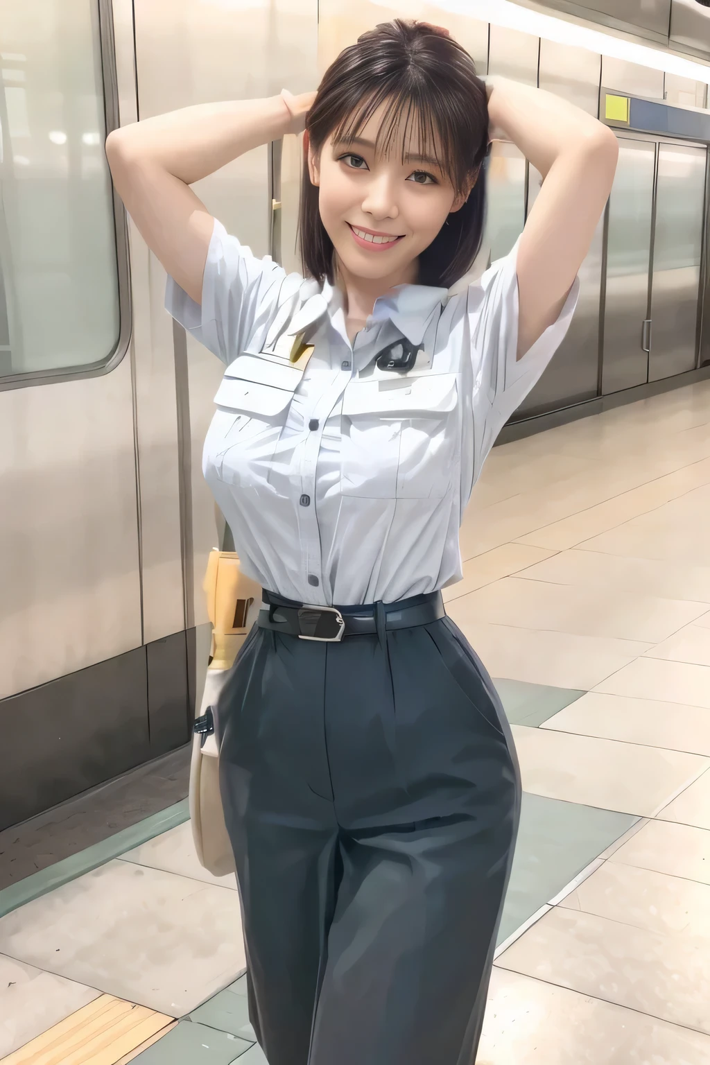 (Masterpiece:1.2, best quality :1.2), 32kHDR, High Resolution , (Alone、 1 girl)、(Rooftop of a building during the day、 professional lights )、Building rooftop background、( TOKYO SUBWAY WOMAN CREW UNIFORM REAL STYLE WOMAN CREW UNIFORM 6 )、(TOKYO SUBWAY WOMAN CREW UNIFORM BLOUSE SHORT SLEEVE 、 Knee-length culottes skirt、Waist belt)、、 dark brown hair 、( hair gathered、 hair bang)、 dark brown hair 、Long Hit、Big Breasted 、Thin legs、(( amazing hands:2.0)),((harmonious body proportions:1.5)),((Normal limbs:2.0)),((Usually refers to:2.0)),(( Delicate Eyes:2.0)),((Normal eyes:2.0)))、smile、(Tokyo Subway woman crew uniform Knee-length culottes skirtを見せた美しい立ち姿)