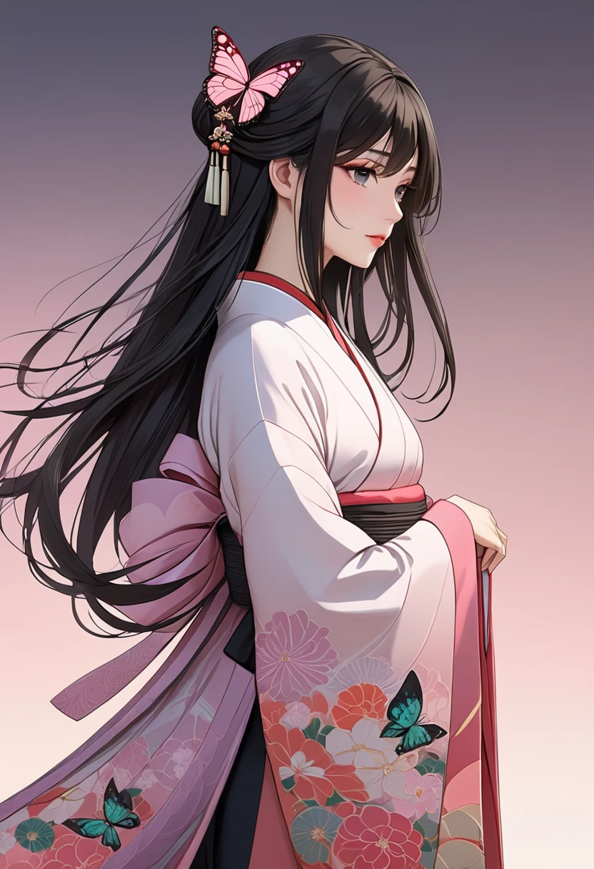 Twelve-layered  kimono，(Masterpiece,  best quality ,  best quality ，aesthetics:1.2)，From the side，Ezvian Everywhere，1300 years ago，Japan_ Heian period，Noble，１ beautiful princess ， Beautiful skin，( straight hair 　length, Beautiful dark-haired　Wealthy)，Beautiful round eyes ，( kimono　Gentle pink color　The beauty of layered colors)，Silk luster， layered color ， wide sleeve，Hakama Hems Long ， dreamy， elegant ， best quality ， Stunning Graphics ,  very detailed， butterfly ，Fresh，  minimal background ， Transparent Robe Images ， CG in detail、