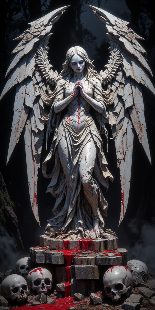 stone statue of a beautiful goddess praying with her hands folded and her beautiful large wings outstretched, with a lot of red liquid flowing from her eyes, horror mood.deep dark forest with no lights at all, black mist, surrounded by tattered skulls