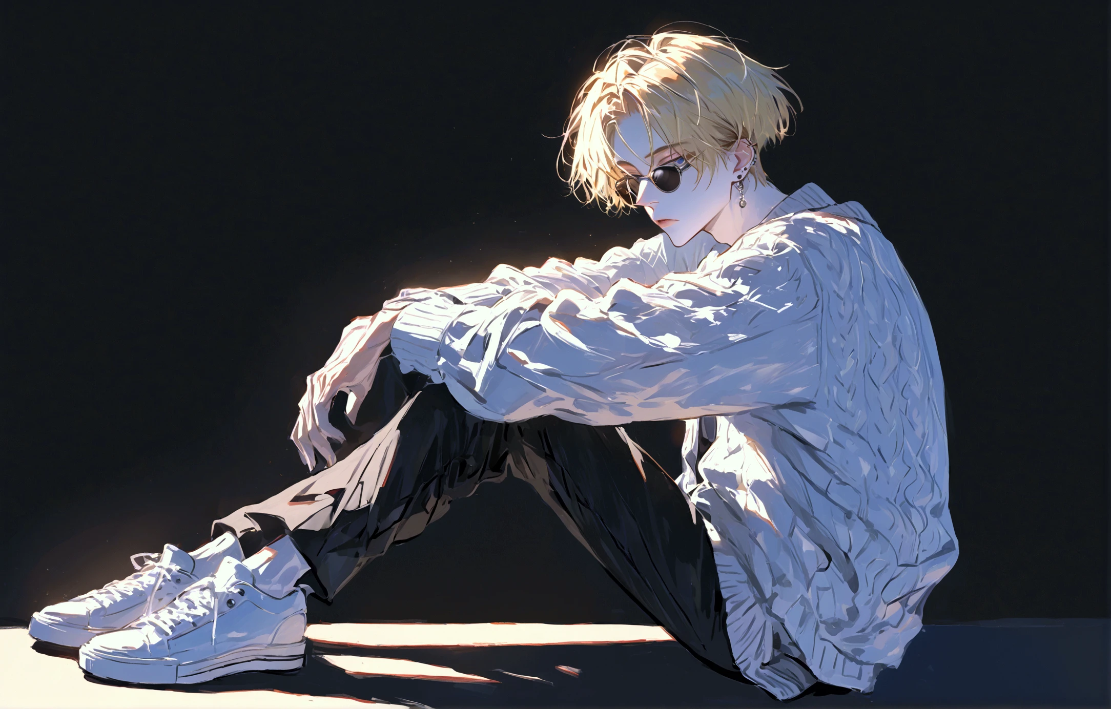  impasto,  short hair, Masterpiece,  best quality , 1 person , blonde hair ,  perfect face ,  GLAY Eye  ,   handsome man   , Alone,  blue-white skin ,  adult male  ,  full body , Delicate line drawing, side View ,  very detailed ,  black background , sketch ,  Stylish clothes , black sunglasses , white cardigan, modern style , piercing , Sneaker , sit