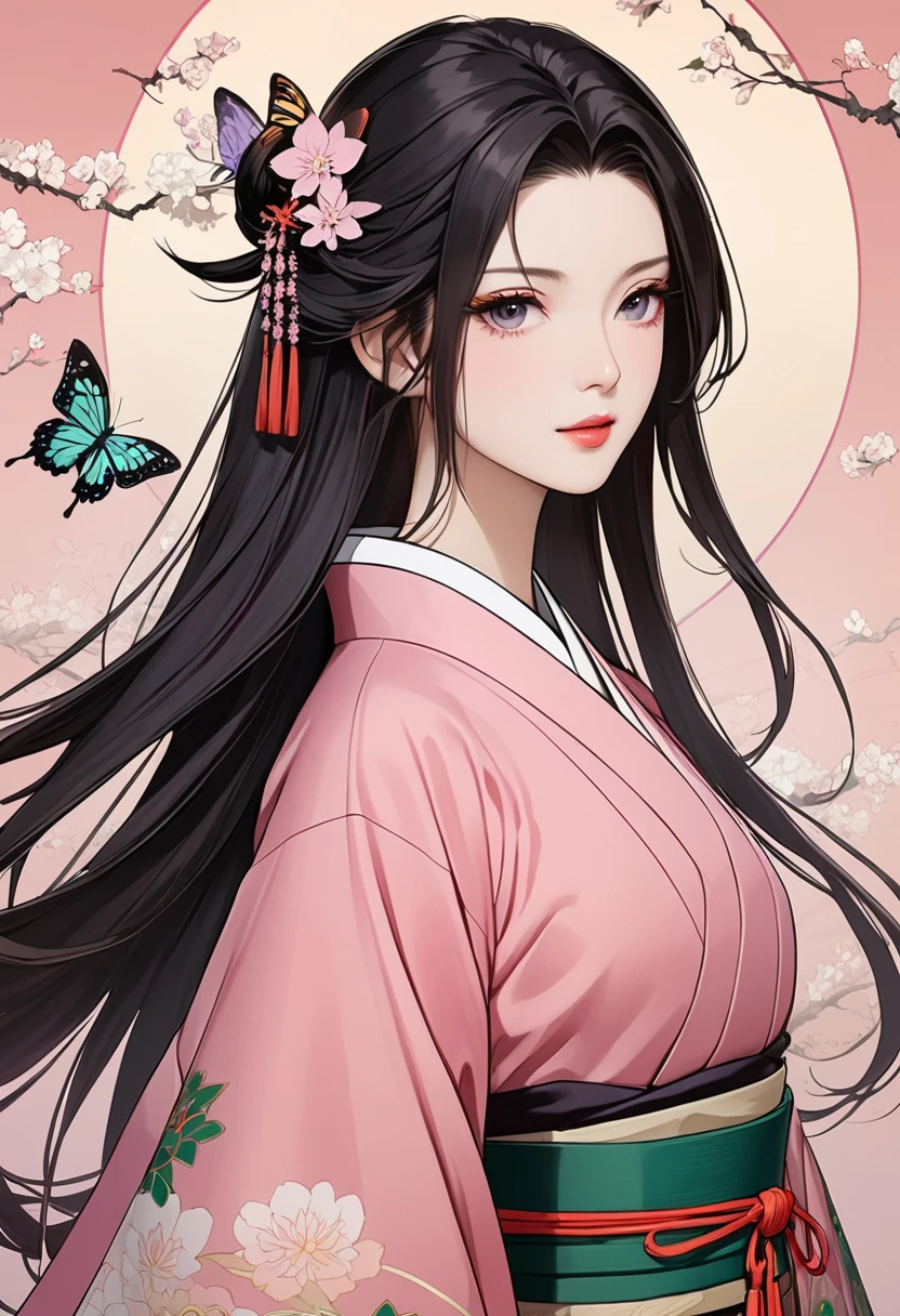 Twelve-layered  kimono，(Masterpiece,  best quality ,  best quality ，aesthetics:1.2)，From the side，Ezvian Everywhere，1300 years ago，Japan_ Heian period，Noble，１ beautiful princess ， Beautiful skin，( straight hair 　length, Beautiful dark-haired　Wealthy)，Beautiful round eyes ，( kimono　Gentle pink color　The beauty of layered colors)，Silk luster， layered color ， wide sleeve，Hakama Hems Long ， dreamy， elegant ， best quality ， Stunning Graphics ,  very detailed， butterfly ，Fresh，  CG in detail、