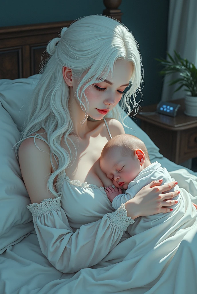 medieval fantasy setting, a white-haired woman , white nightgown breastfeeding her newborn baby, silver haired, in your medieval rooms