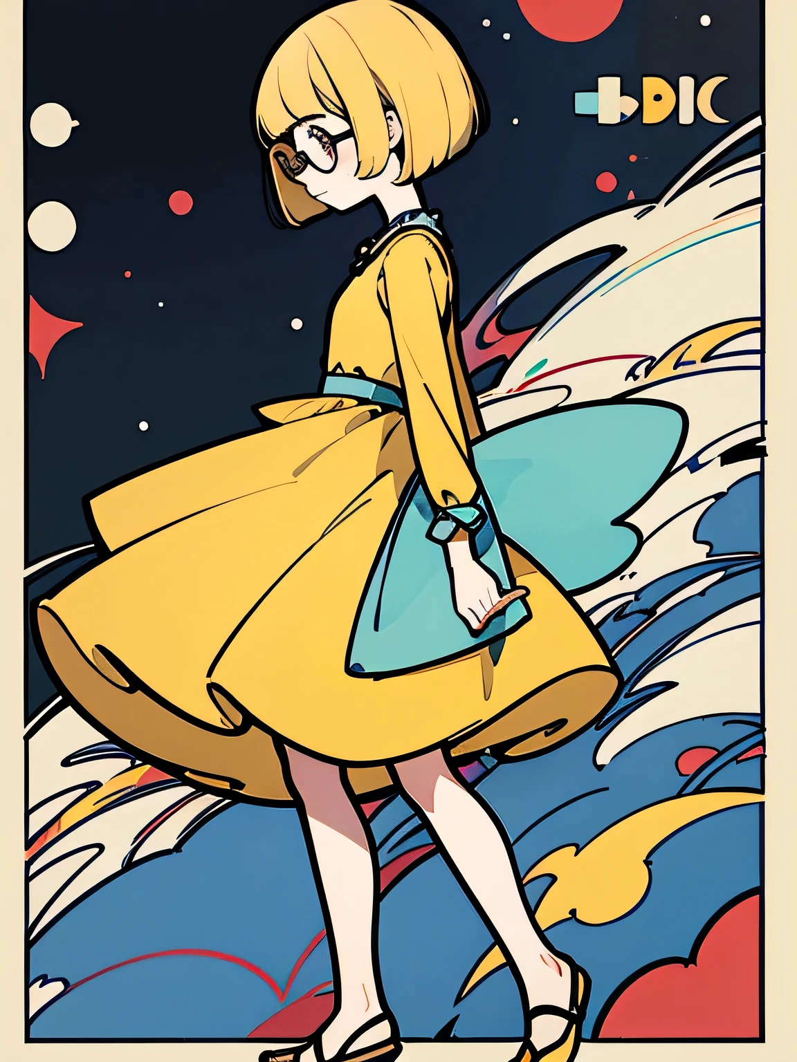 sideview,Alone, adorable, very fine hair,fullbody,blond short pixiecut,(blunt bangs ), dress,glasses,(comic core:1.3),(illustration),