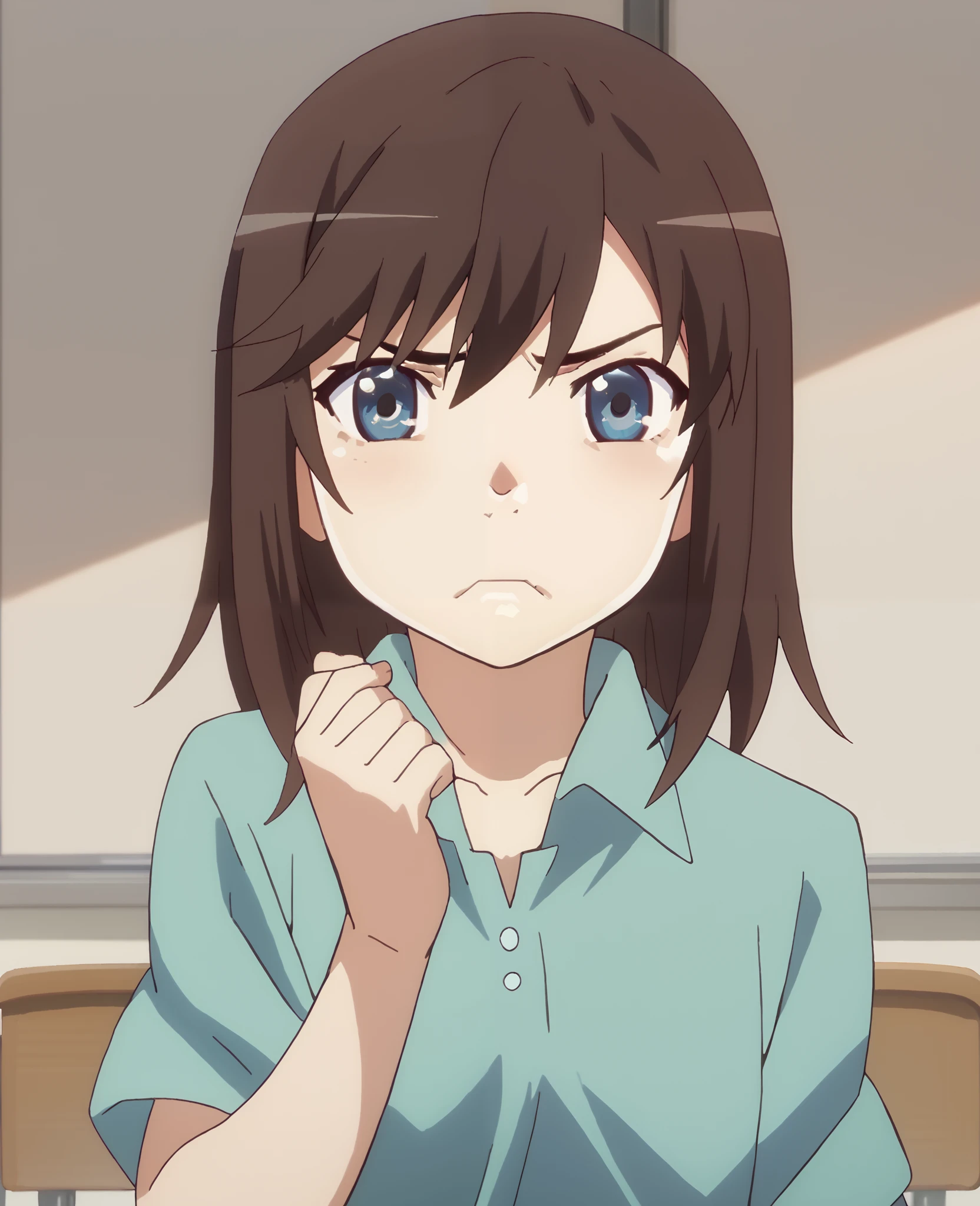 1 girl, brown hair, blue eyes, sad expression, disgust expression, , cute, cover her nose with one hand,cover her nose with one hand, classroom background