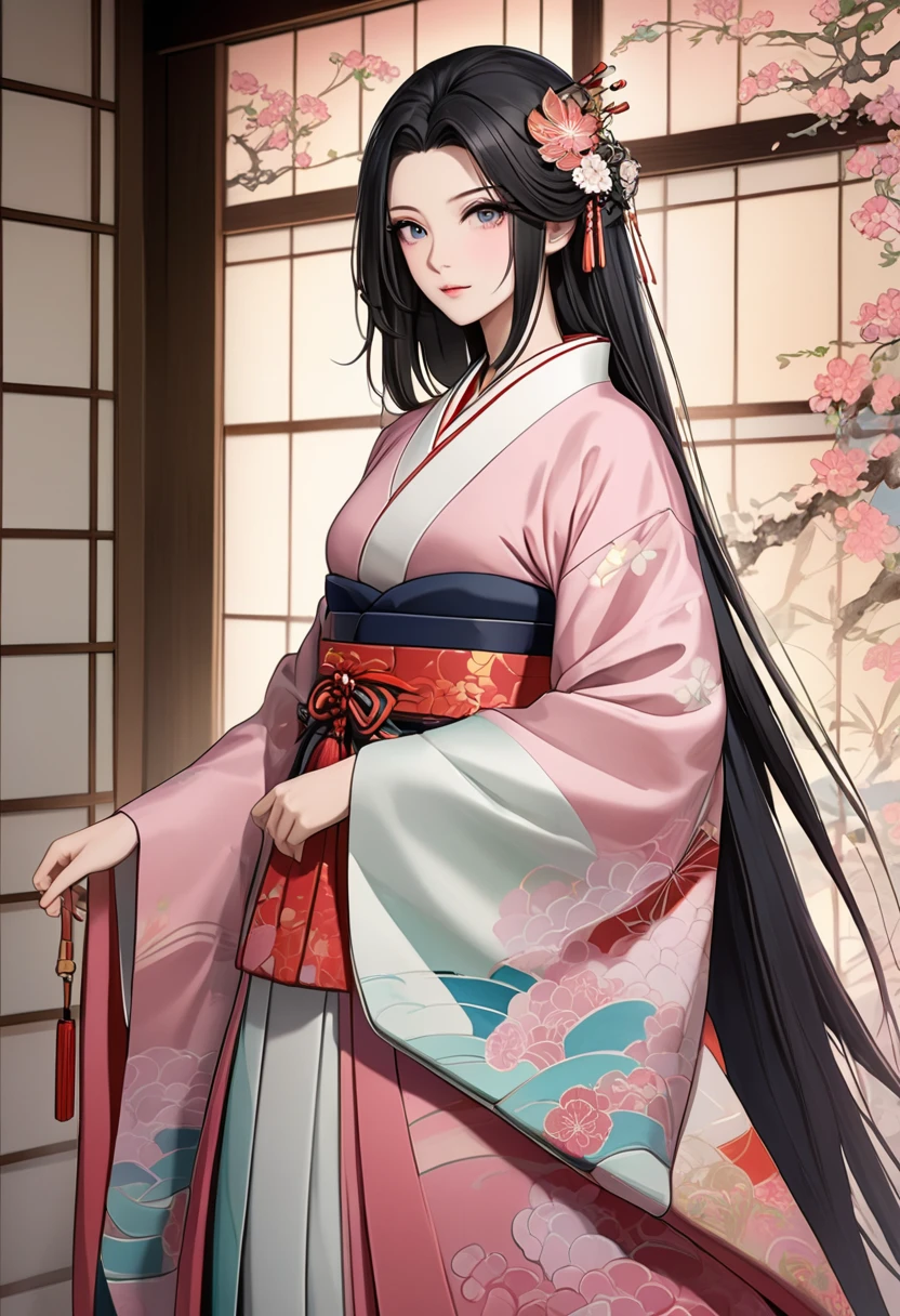 Twelve-layered  kimono，(Masterpiece,  best quality ,  best quality ，aesthetics:1.2)，From the side，Ezvian Everywhere，1300 years ago，Japan_ Heian period，Noble，１ beautiful princess ， Beautiful skin，( straight hair 　length, Beautiful dark-haired　Wealthy)，Beautiful round eyes ，( kimono　Gentle pink color　The beauty of layered colors)，Silk luster， layered color ， wide sleeve，Hakama Hems Long ， dreamy， elegant ， best quality ， Stunning Graphics ,  very detailed，Fresh，  CG in detail、