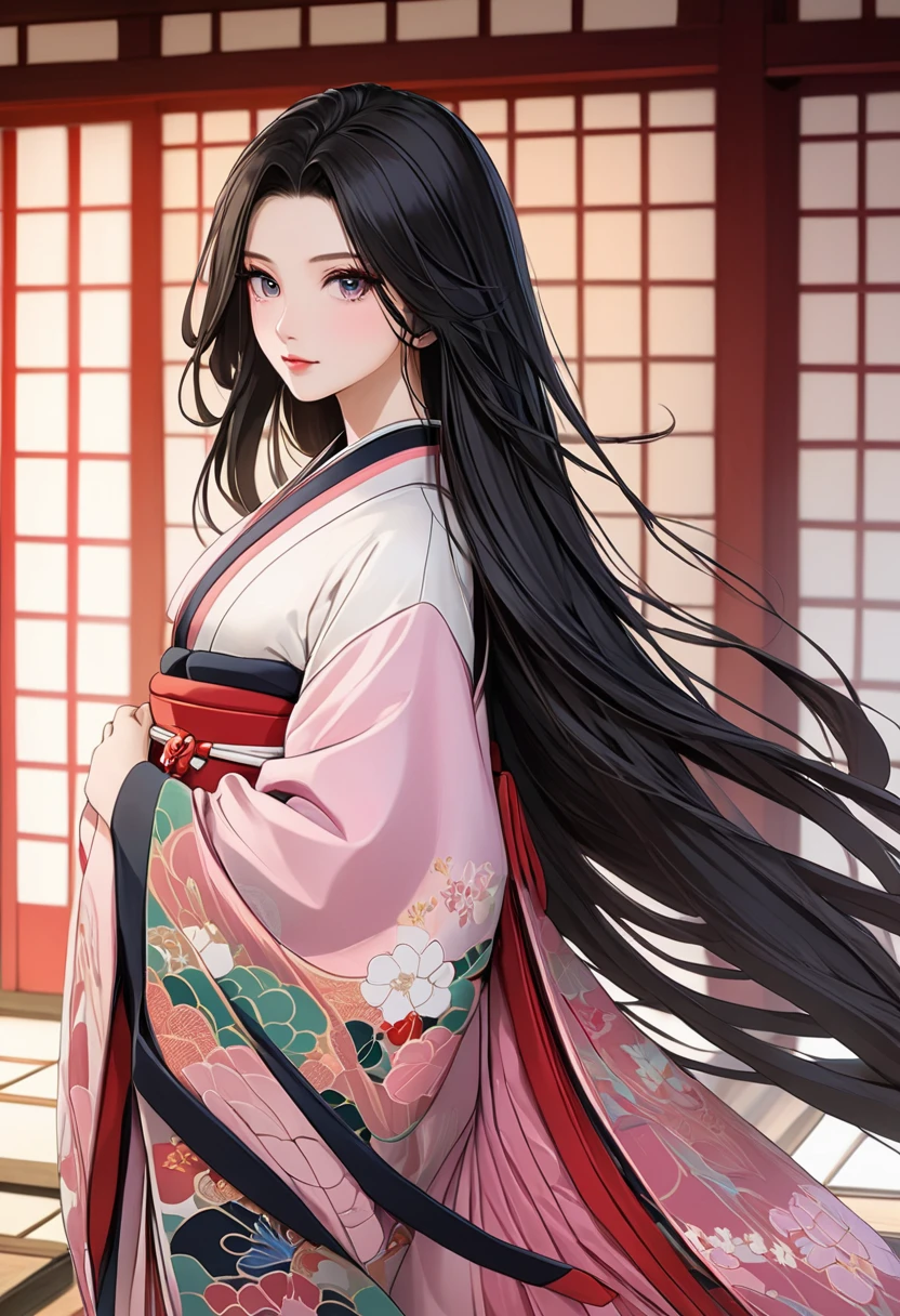 Twelve-layered  kimono，(Masterpiece,  best quality ,  best quality ，aesthetics:1.2)，From the side，Ezvian Everywhere，1300 years ago，Japan_ Heian period，Noble，１ beautiful princess ， Beautiful skin，( straight hair 　length, Beautiful dark-haired　Wealthy)，Beautiful round eyes ，( kimono　Gentle pink color　The beauty of layered colors)，Silk luster， layered color ， wide sleeve，Hakama Hems Long ， dreamy， elegant ， best quality ， Stunning Graphics ,  very detailed，Fresh，  CG in detail、