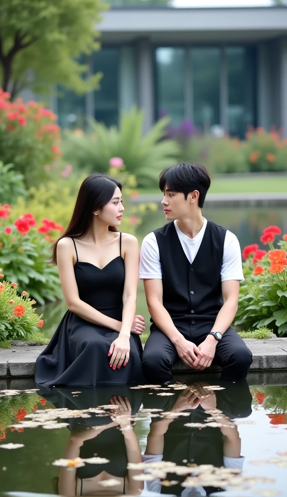 they are standing in a field together and smiling for the camera, ruan jia and fenghua zhong, ruan jia and brom, photoshoot, lovely couple, shot with canon eoa 6 d mark ii, photo 85mm, zezhou chen, yanjun chengt, photo 50mm, lifestyle, wearing a black noble suit