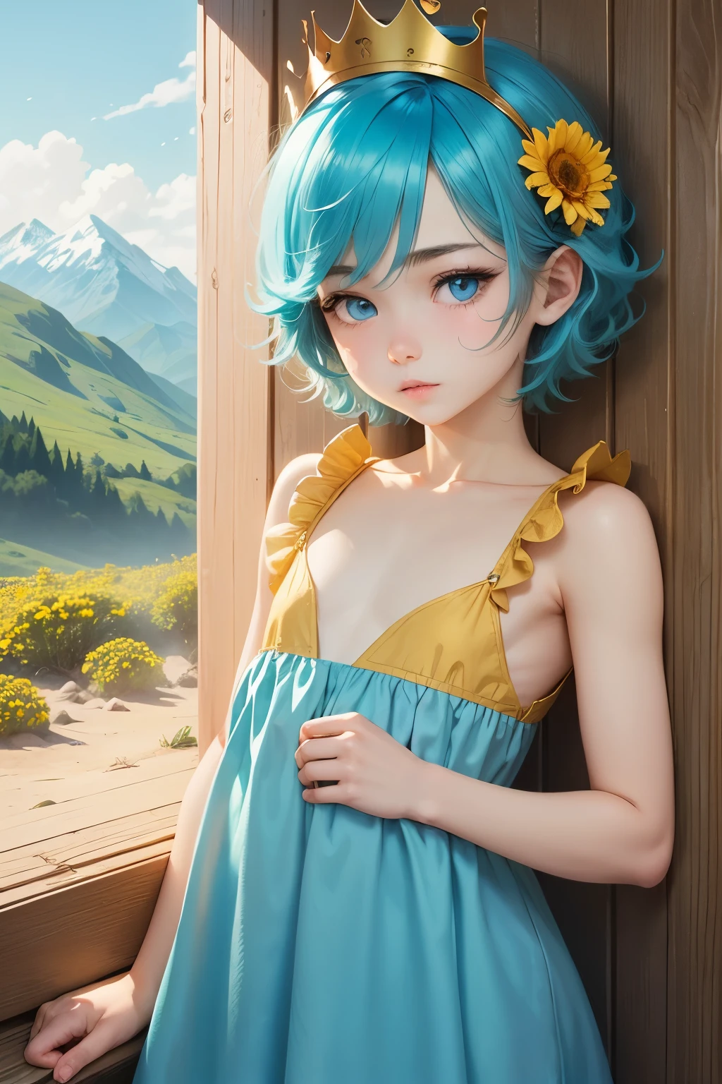 Femboy, otoko no ko,( )(blue aqua hair), short hair, (flat chest), sexy body, cute face, Shy face, blue eyes, frilled dress, short dress, yellow dress, golden crown queen, mountain flower background frame