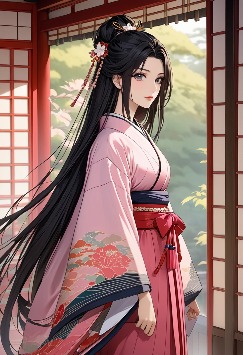 Twelve-layered  kimono，(Masterpiece,  best quality ,  best quality ，aesthetics:1.2)，From the side，Ezvian Everywhere，1300 years ago，Japan_ Heian period，Noble，１ beautiful princess ， Beautiful skin，( straight hair 　length, Beautiful dark-haired　Wealthy)，Beautiful round eyes ，( kimono　Gentle pink color　The beauty of layered colors)，Silk luster， layered color ， wide sleeve，Hakama Hems Long ， dreamy， elegant ， best quality ， Stunning Graphics ,  very detailed，Fresh，  CG in detail、